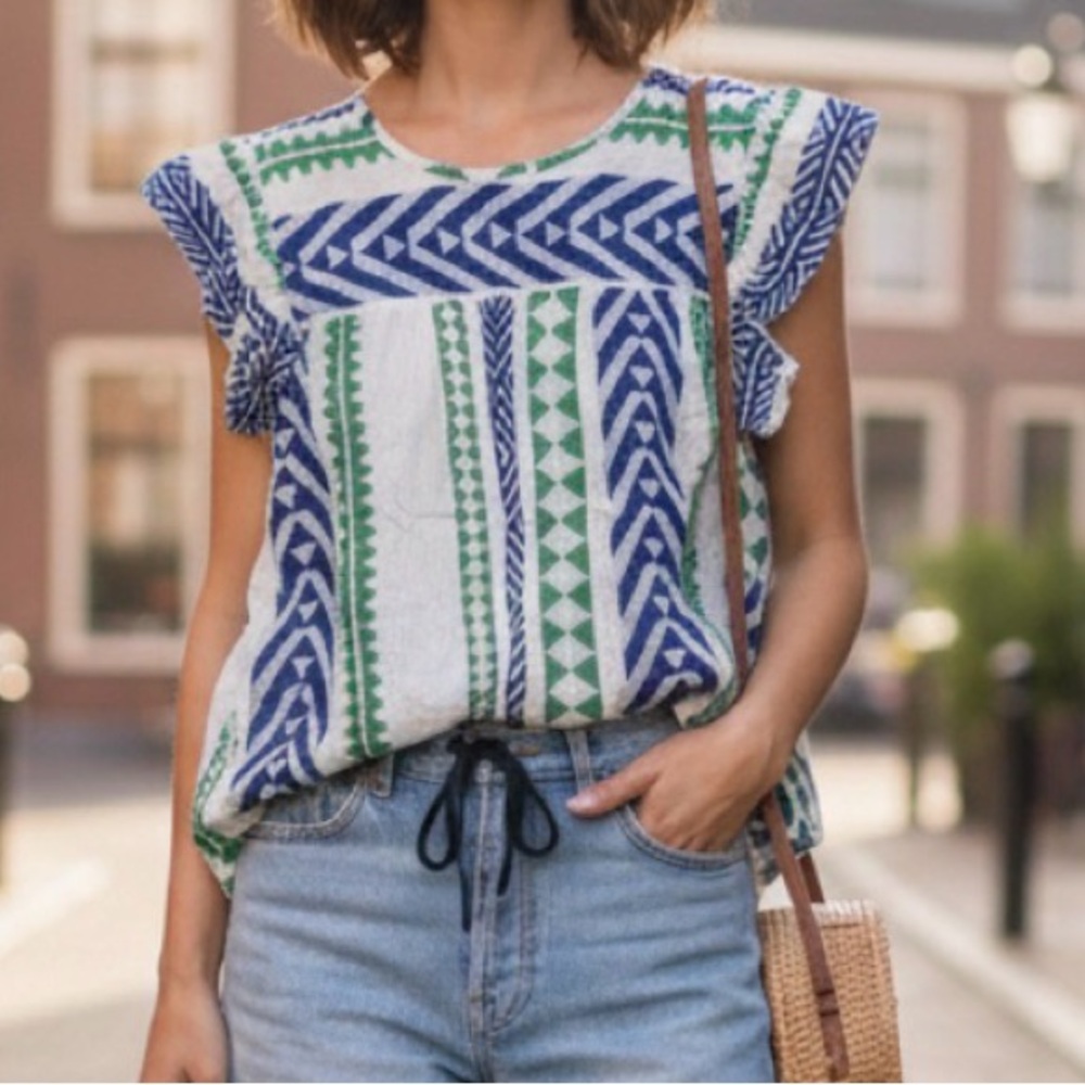 Anthropologie THML Aztec Flutter Sleeve Metallic Top size xs